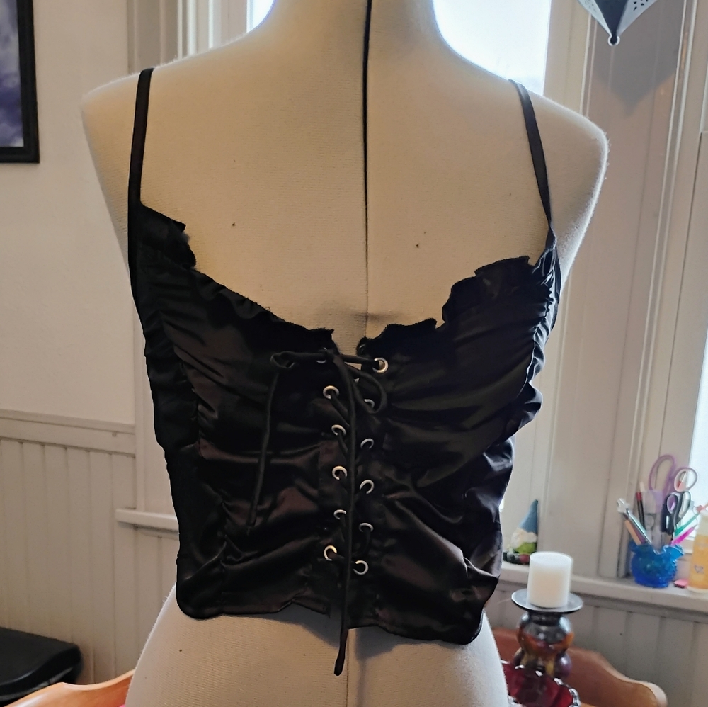 Black Satin Lace-Up Corset Top